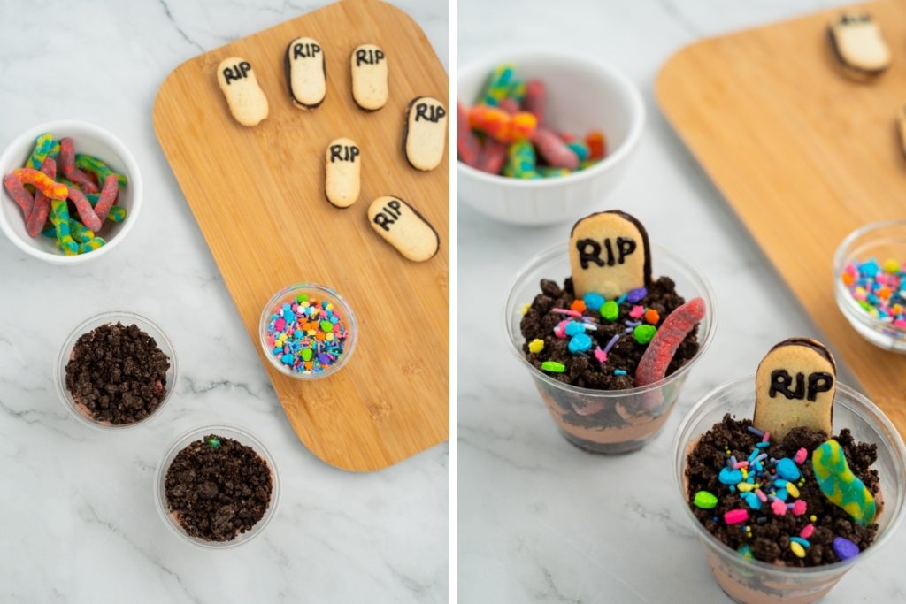 Process image for making Graveyard Dirt Cake Cups - topping each dirt cups with sprinkles, gummy worms and tombstone cookies