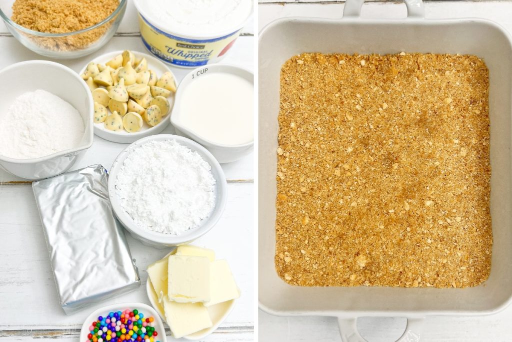Ingredients and process image for making Hersheys Birthday Cheesecake - making the crust with graham cracker crumbs, sugar, and melted butter mixture