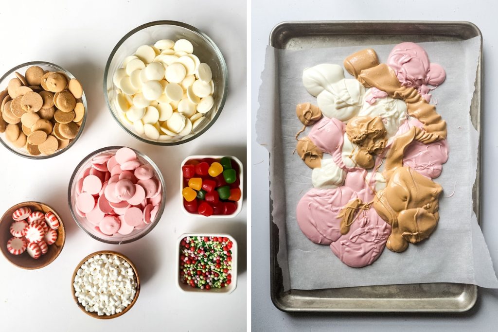 Ingredients and process image for making Holiday Chocolate Bark - melted white, pink and salted caramel chocolates poured in baking sheet