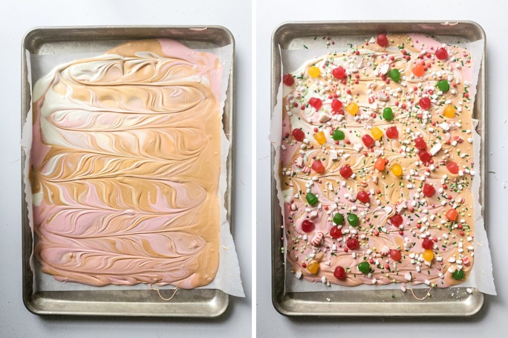 Process image for making Holiday Chocolate Bark - made zigzag patterns for design then sprinkled with marshmallows, crushed peppermint, gum drops and holiday sprinkles