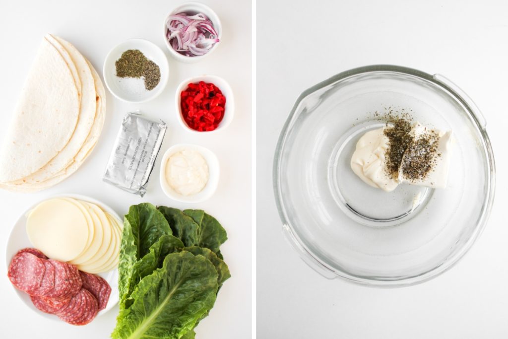 Ingredients and process image for making Italian Sub Pinwheels - preparing cream cheese mixture