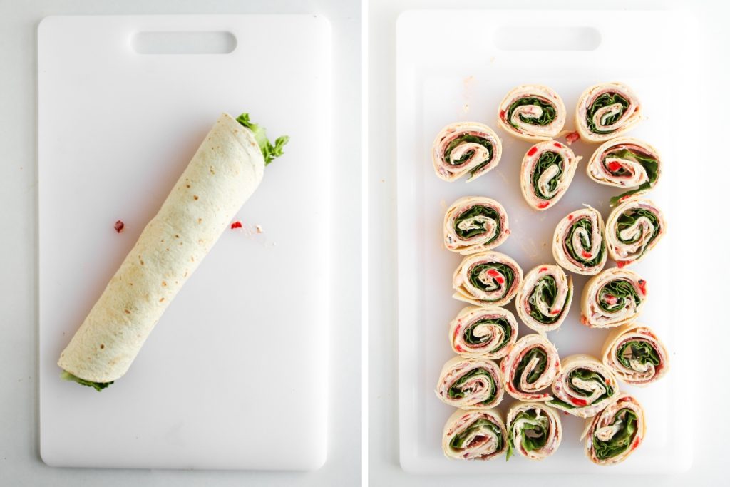 Process image for making Italian Sub Pinwheels - rolling tortillas tightly and slicing into pinwheels