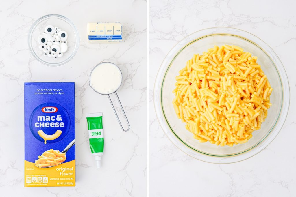 Ingredients and process image for making Monster Mac and Cheese