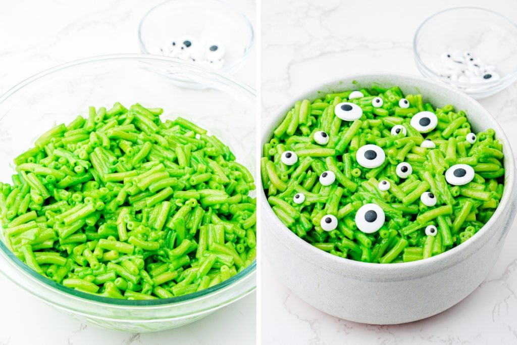Process image for making Monster Mac & Cheese - topping with candy eyes
