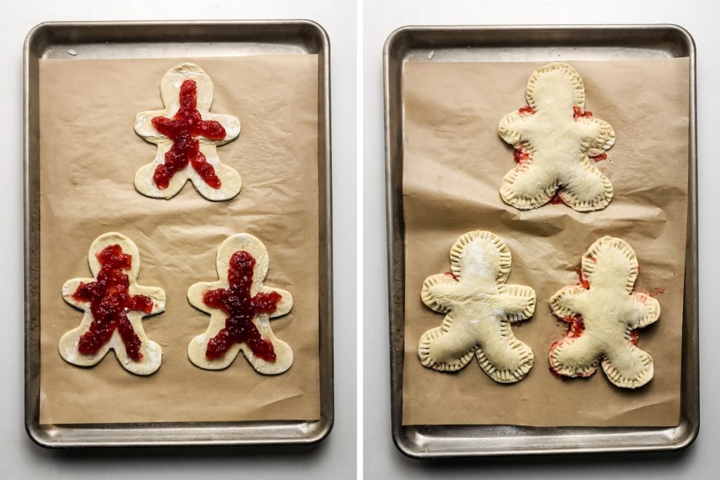 Process image for making Mummy Halloween Pop Tarts - filling the center of each cut out with strawberry jam, topped with another pastry layer then sealed with fork