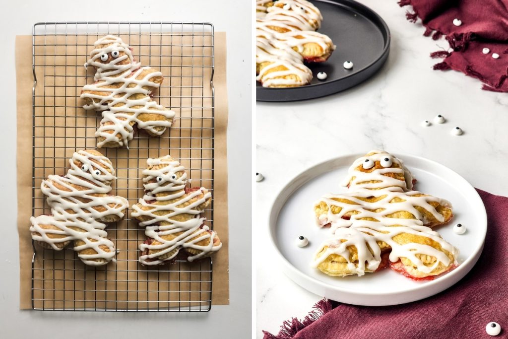 Process image for making Mummy Halloween Pop Tarts - create mummy like strips of frosting across the pastry, put candy eyes, let it set then serve