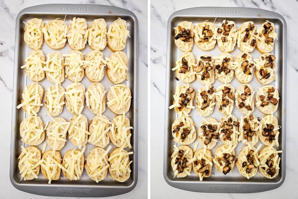 Process image for making Mushroom Crostini - Top each baguette slice with cheese then mushrooms