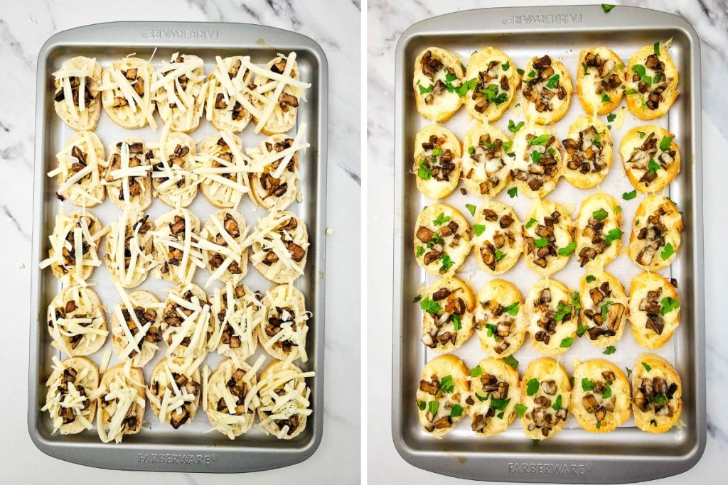 Process image for making Mushroom Crostini - added more cheese on top of mushrooms before baking. Topped with chopped parsley to serve.
