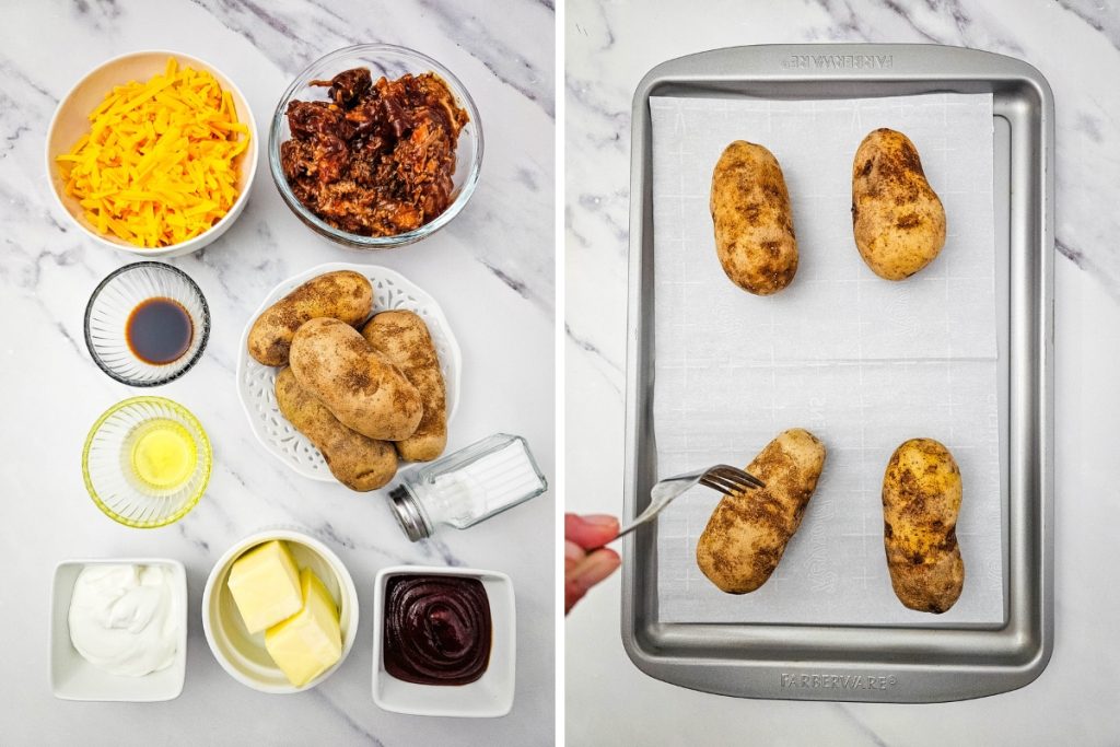 Ingredients and process image for making Pulled Pork Potato Skins - poking holes on potatoes using fork