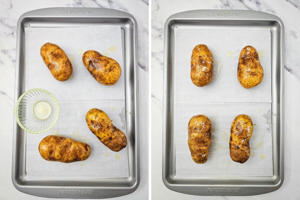 Process image for making Pulled Pork Potato Skins - coating potatoes with olive oil and sprinkled with salt