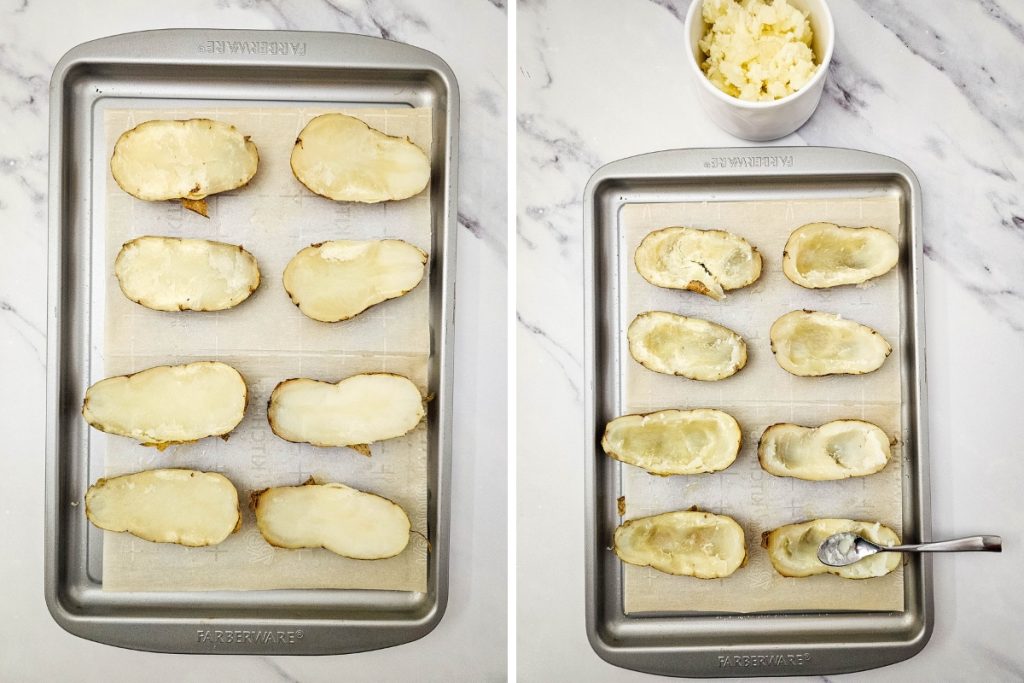 Process image for making Pulled Pork Potato Skins - baked potatoes' inside are scooped out