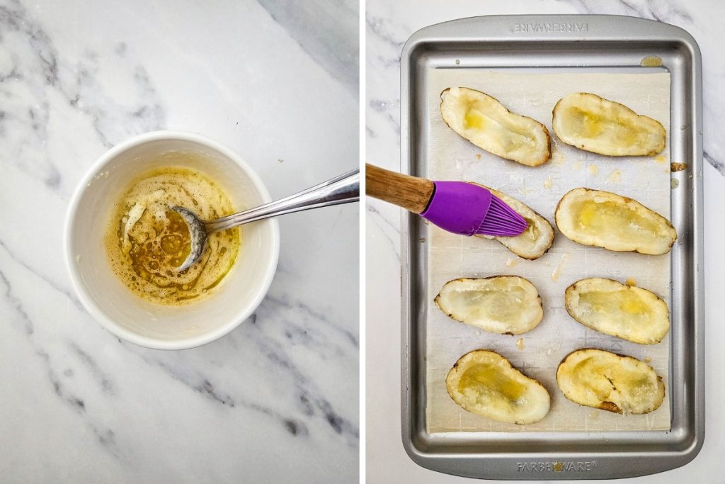 Process image for making Pulled Pork Potato Skins - butter and worcestershire sauce mixture is brushed into each potato skins