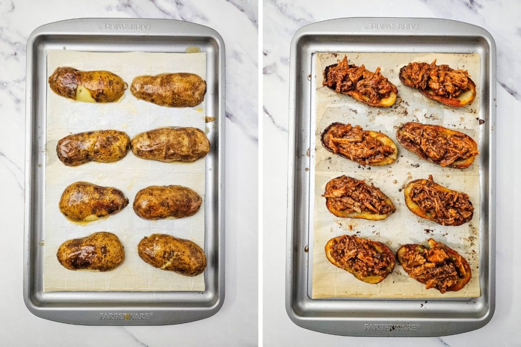 Process image for making Pulled Pork Potato Skins - potato skins are baked and filled with pulled pork