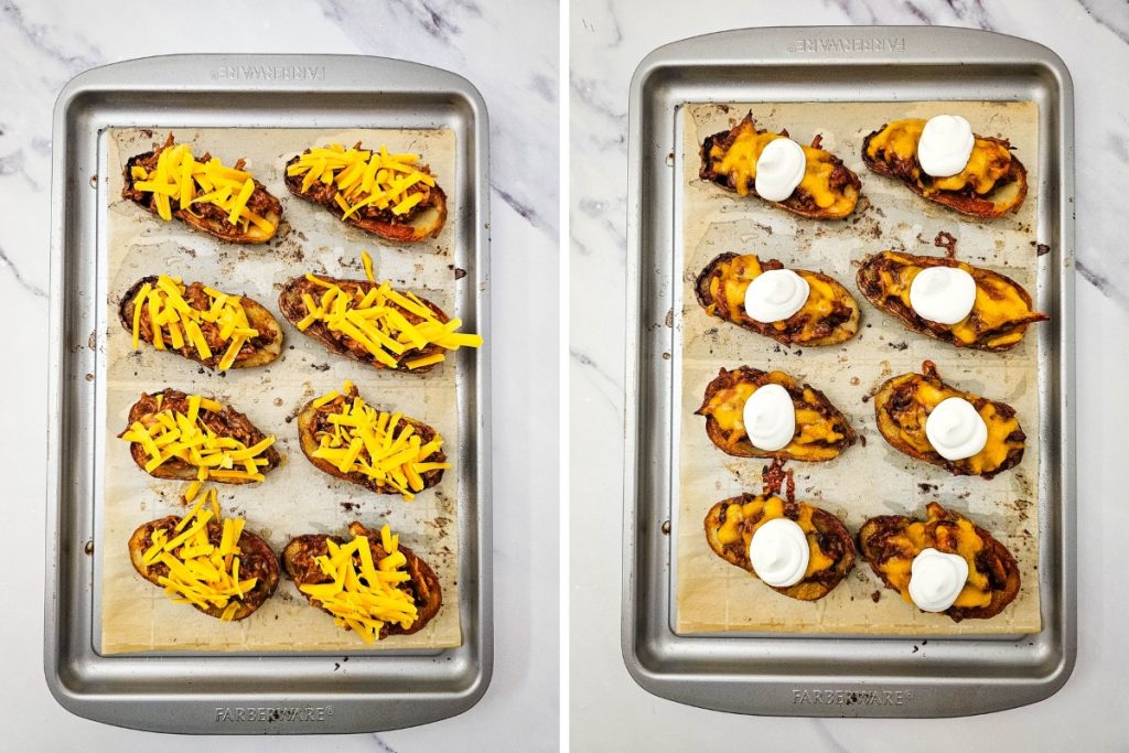 Process image for making Pulled Pork Potato Skins - sprinkled cheddar cheese on top of pulled pork before baking. Then topped with sour cream.
