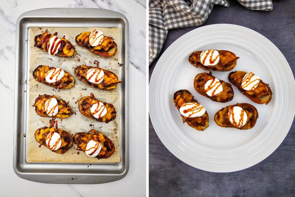 Process image for making Pulled Pork Potato Skins - drizzled with BBQ sauce before serving