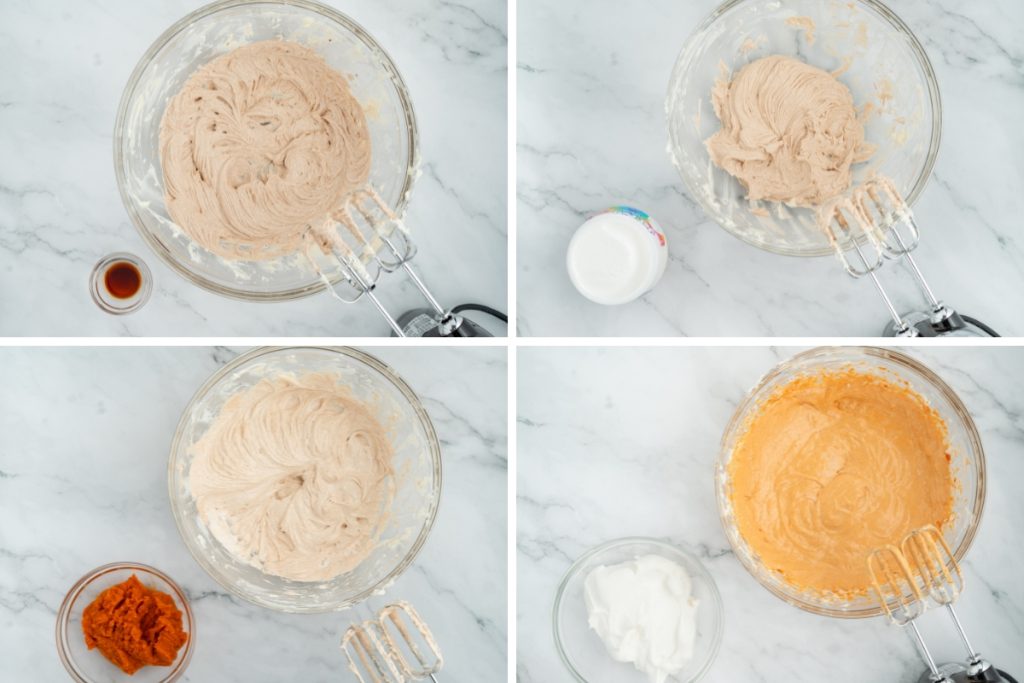 Process image for making Pumpkin dip - adding in vanilla extract, marshmallow creme, pumpkin puree and cool whip
