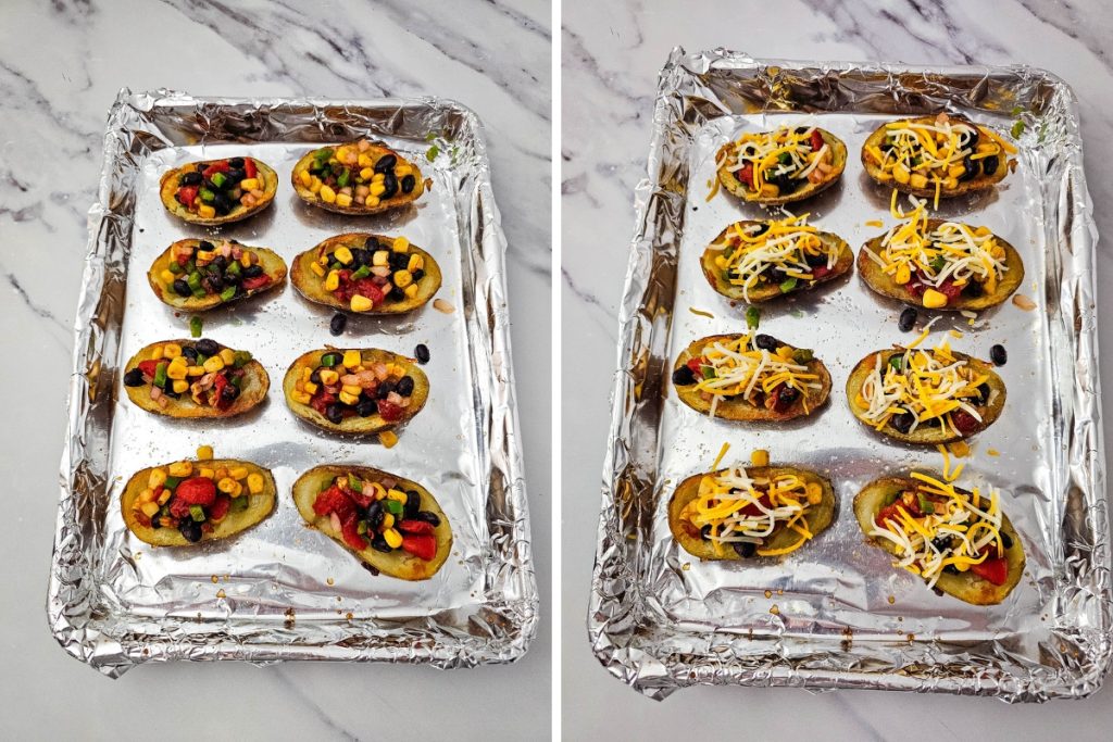 Process image for making Southwest Potato Skins - filling potatoes with mixture then topped with cheese