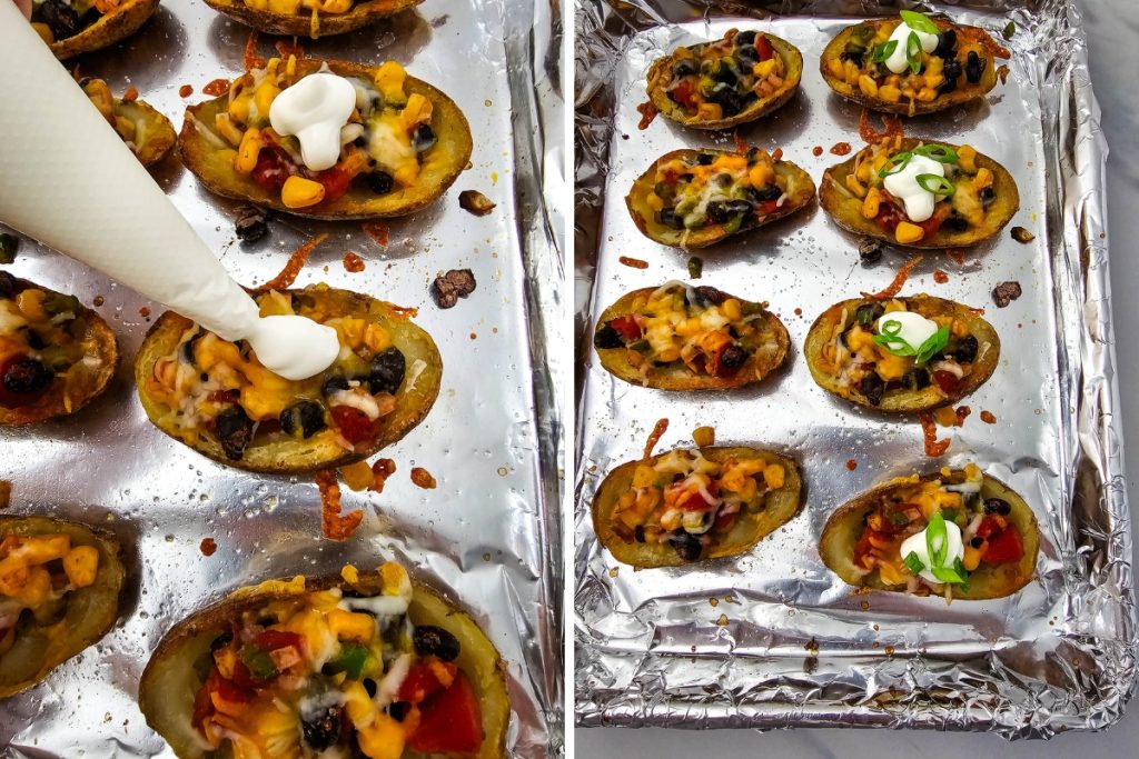 Process image for making Southwest Potato Skins - topping with sour cream and green onions