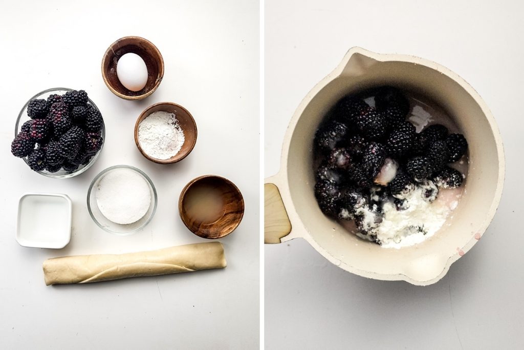 Ingredients and process image for making Spooky Fruit Hand Pies - making blackberries filling