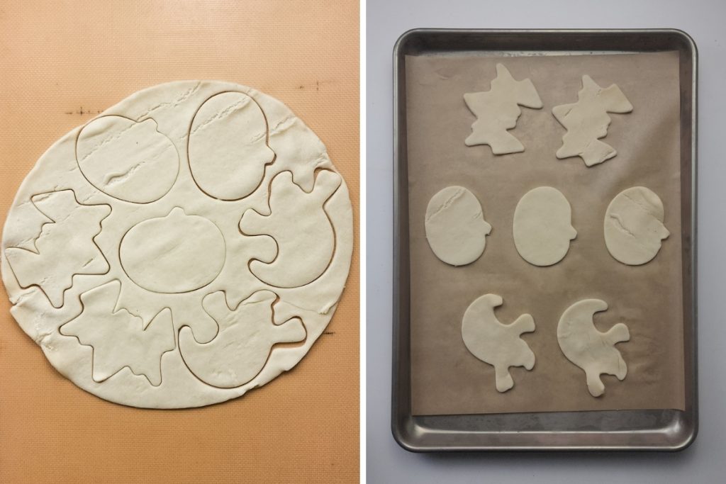 Process image for making Spooky Fruit Hand Pies - cutting out dough pieces using various Halloween themed cookie cutters
