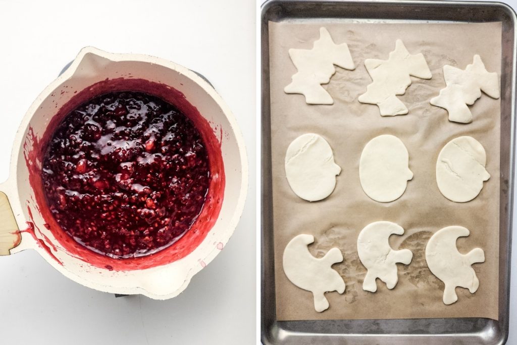 Process image for making Spooky Fruit Hand Pies - blackberry filling and dough cut outs placed side by side