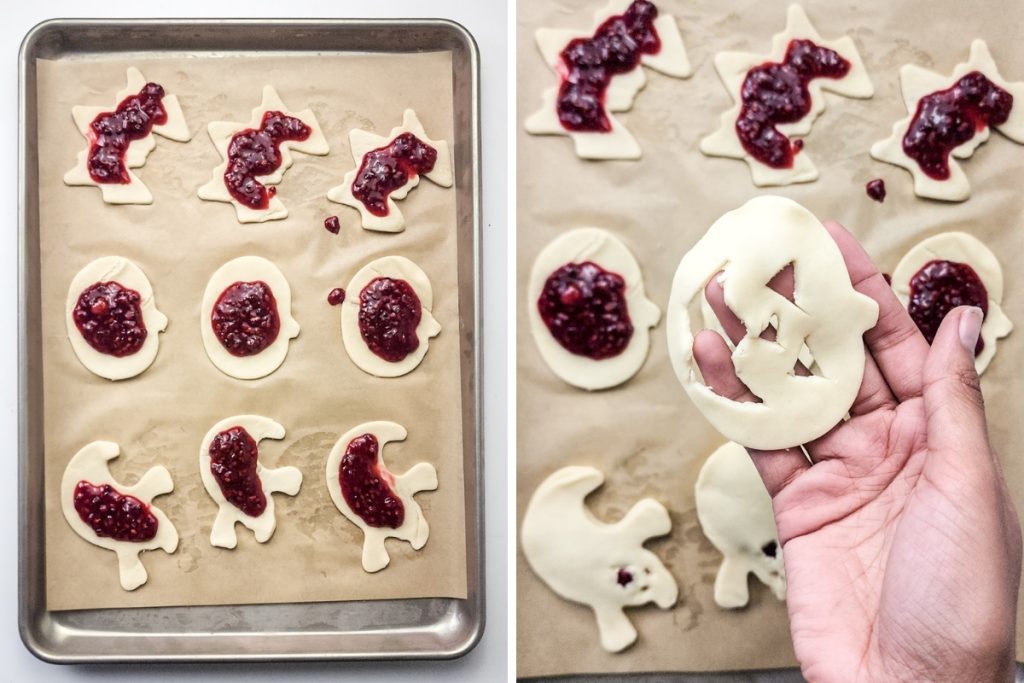 Process image for making Spooky Fruit Hand Pies - fill each dough cut outs with blackberry filling for bottom part then cut out eyes and mouth for ghost top part