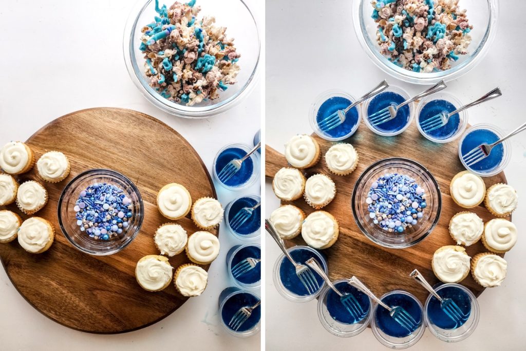 Process image for making Under the Sea Charcuterie - cupcakes and blue jello cups are arranged surrounding the blue sprinkles