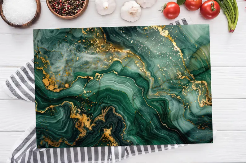 marble charcuterie board in green with gold swirl by etsy seller WallARTime