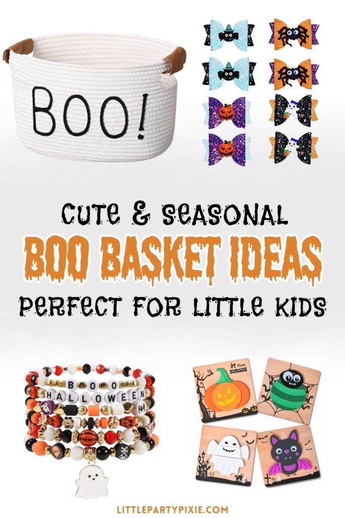 collage of items found to make a kids boo basket