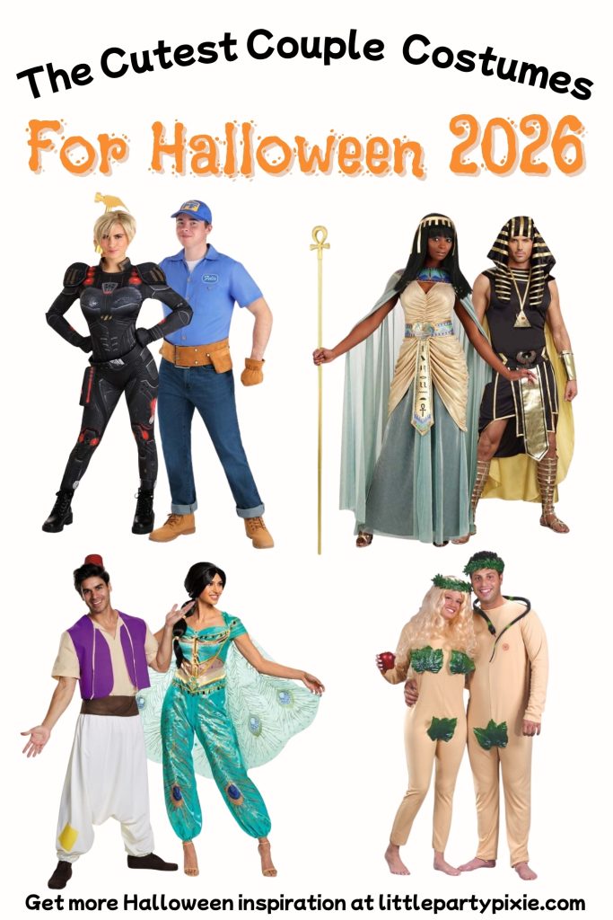 collage of images showing couples costumes for halloween including wreck it ralph, cleopatra and mark anthony, aladdin and jasmine and adam and eve.