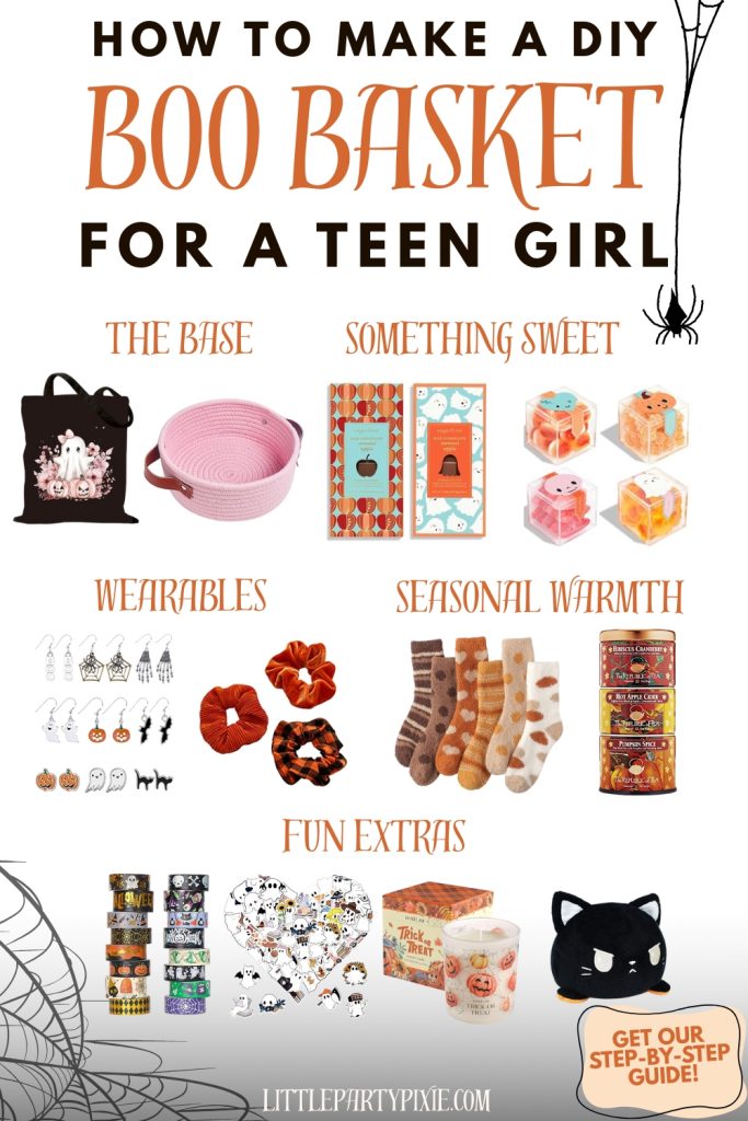 Boo Basketes for Teens collage of items to include