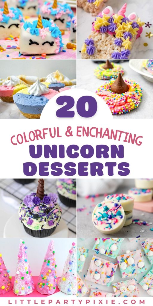 A collection of ten dazzling, colorful unicorn-themed dessert ideas including bark, cupcakes, no-bake cheesecakes, and crispy treats.