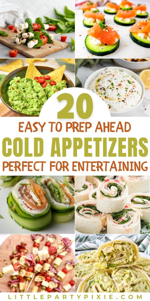 Assorted cold appetizers including pinwheels, crostini, guacamole dip, and skewers with cheese, meats, and vegetables.