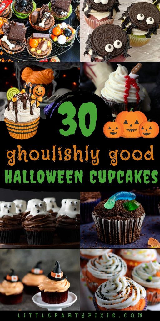 Halloween-themed cupcakes with spooky designs including spiders, ghosts, witch hats, and colorful festive frosting decorations.