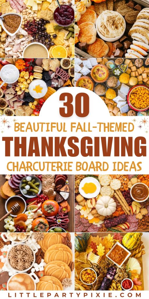 Thanksgiving charcuterie board ideas with cheese displays, meats, crackers, fruits, dips, and festive treats.