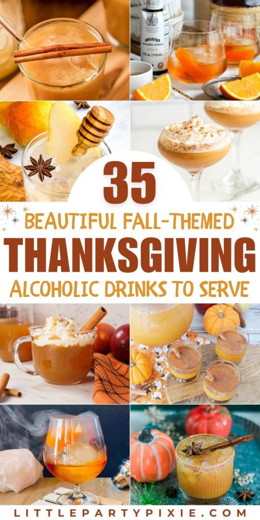 Assorted Thanksgiving cocktails featuring cider, and festive drinks with fruit, spices, and garnishes in elegant glasses.