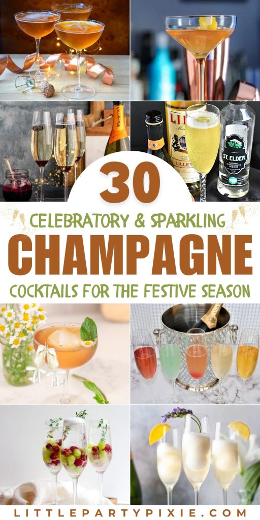 Colorful champagne cocktails in elegant glasses, garnished with fruit, herbs, and festive decorations for celebrations.