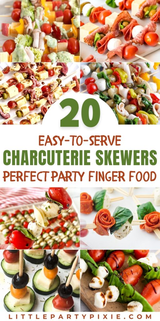 Colorful charcuterie skewer ideas with cheese, meats, tomatoes, olives, and basil, perfect for parties.
