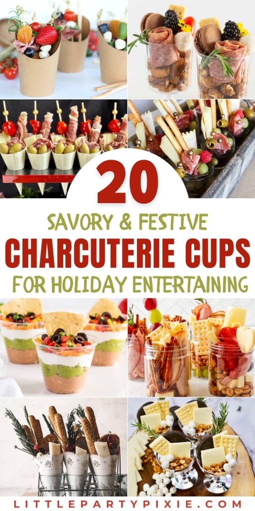 collage of images showing charcuterie cups in indiviudal cups and cones, beautiful antipasto presentation