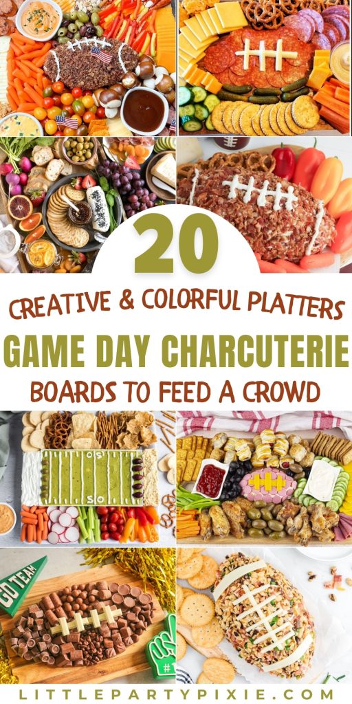 A collage of game day charcuterie board ideas featuring football-themed cheese balls, snack platters, veggie trays, and dessert boards.