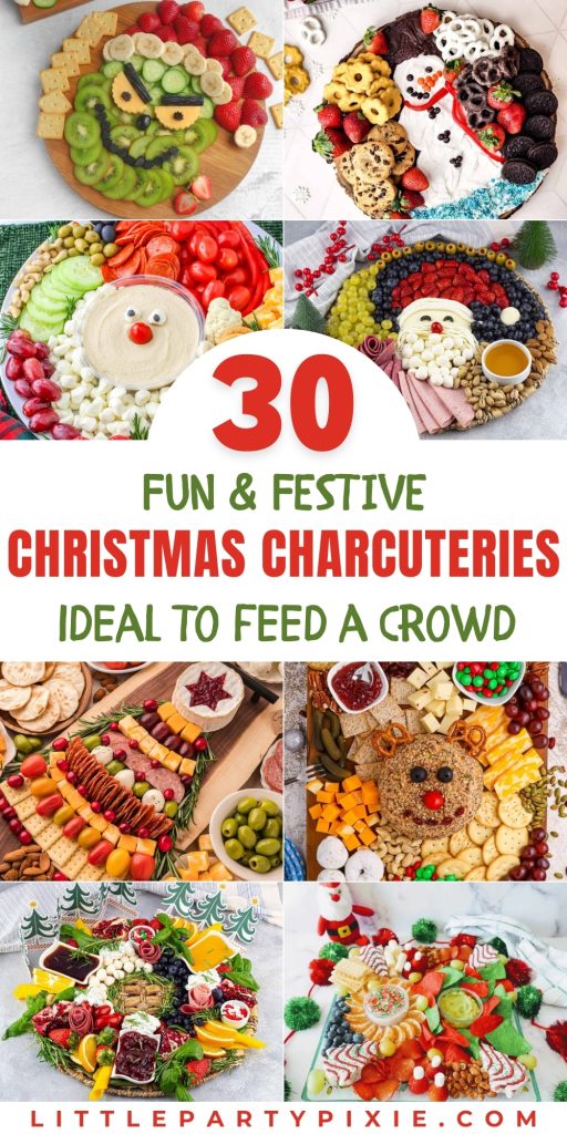 A vertical collage of various Christmas charcuterie boards, with festive designs including snowmen, reindeer, the Grinch and wreaths.