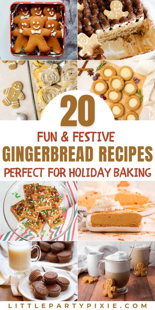 A vertical collage featuring various fun and festive gingerbread recipes, showcasing cookies, desserts, and holiday drinks.