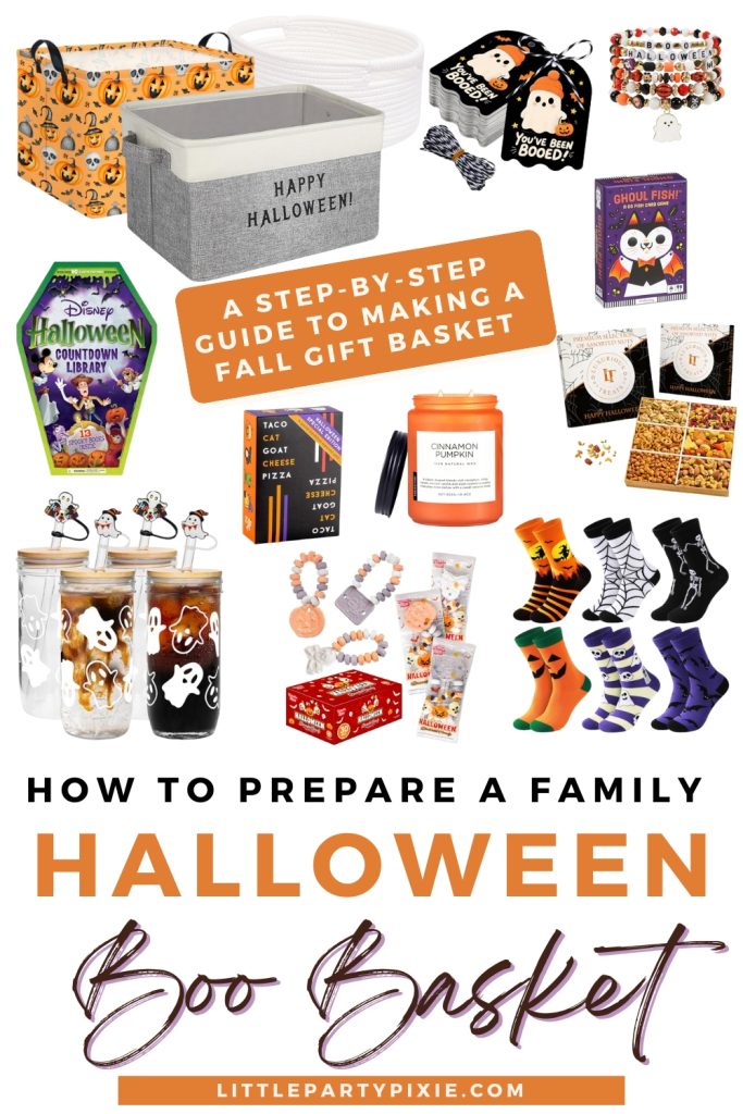 collage of items to put in a halloween gift basket for families