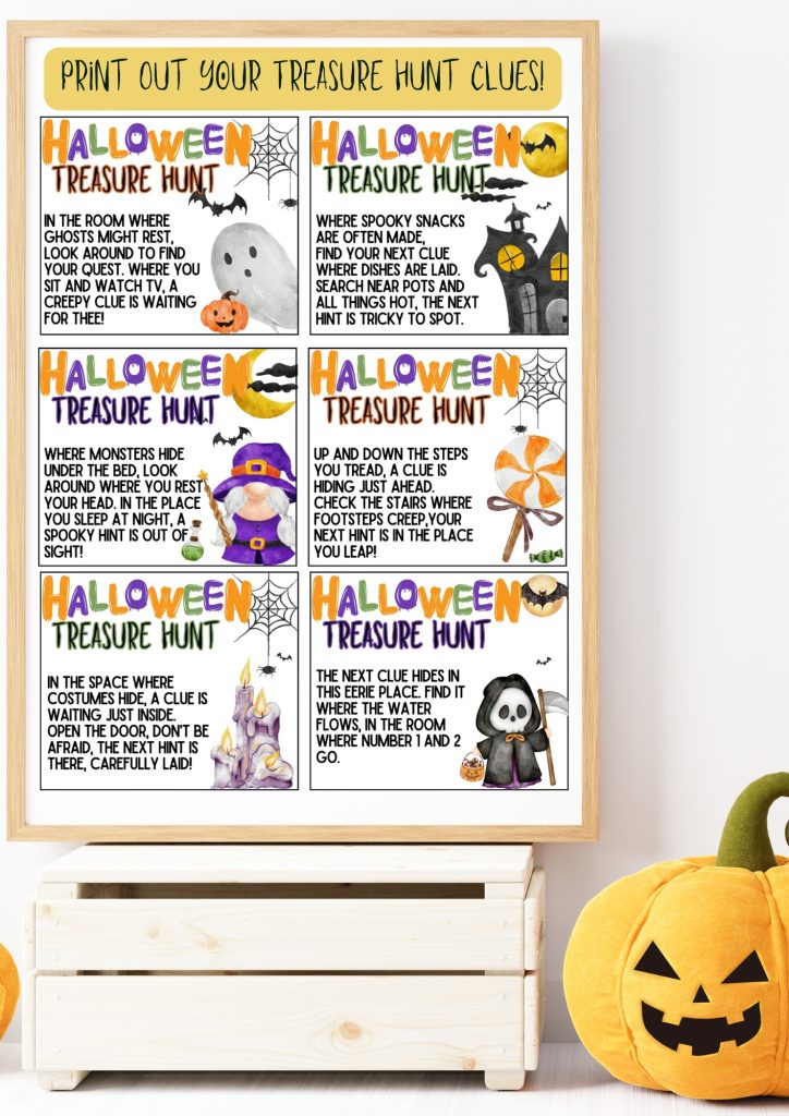 mockup for printable Halloween treasure hunt riddle cards