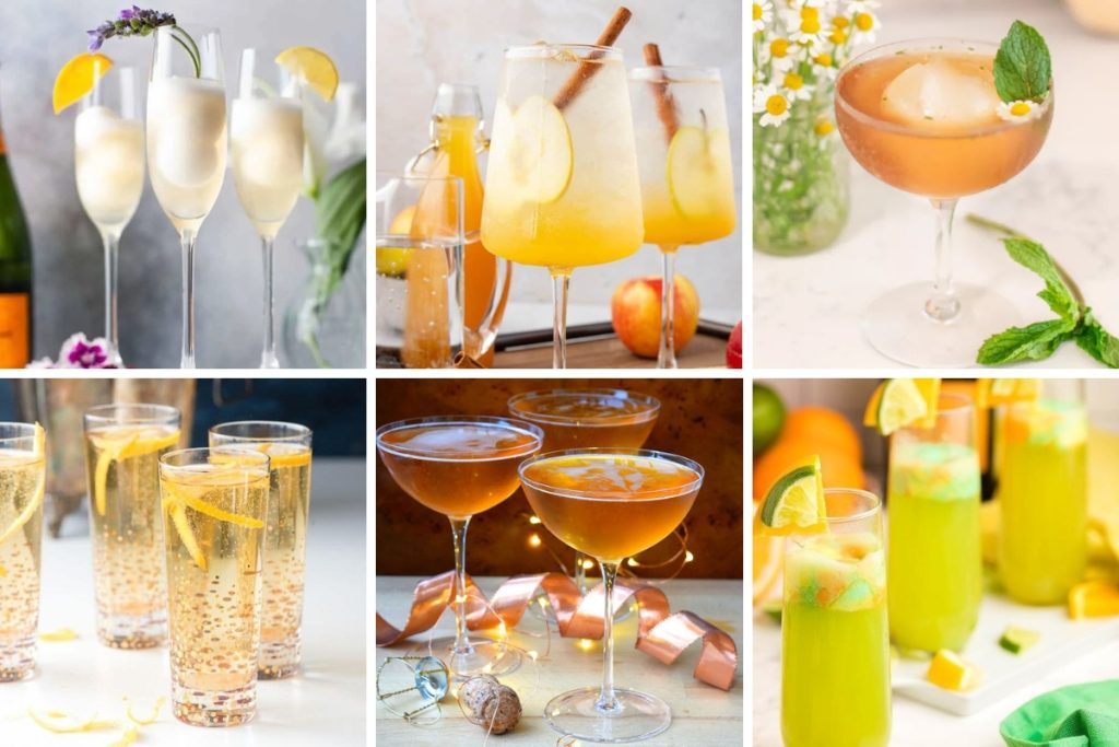 Colorful champagne cocktails in elegant glasses, garnished with fruit, herbs, and festive decorations for celebrations.