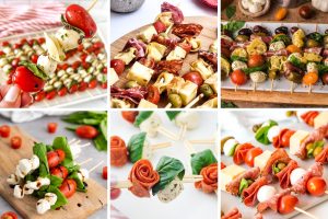 Colorful charcuterie skewer ideas with cheese, meats, tomatoes, olives, and basil, perfect for parties.