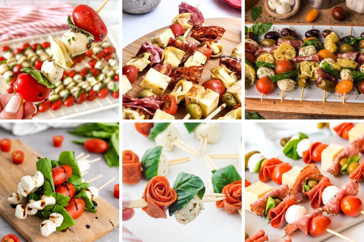 Colorful charcuterie skewer ideas with cheese, meats, tomatoes, olives, and basil, perfect for parties.