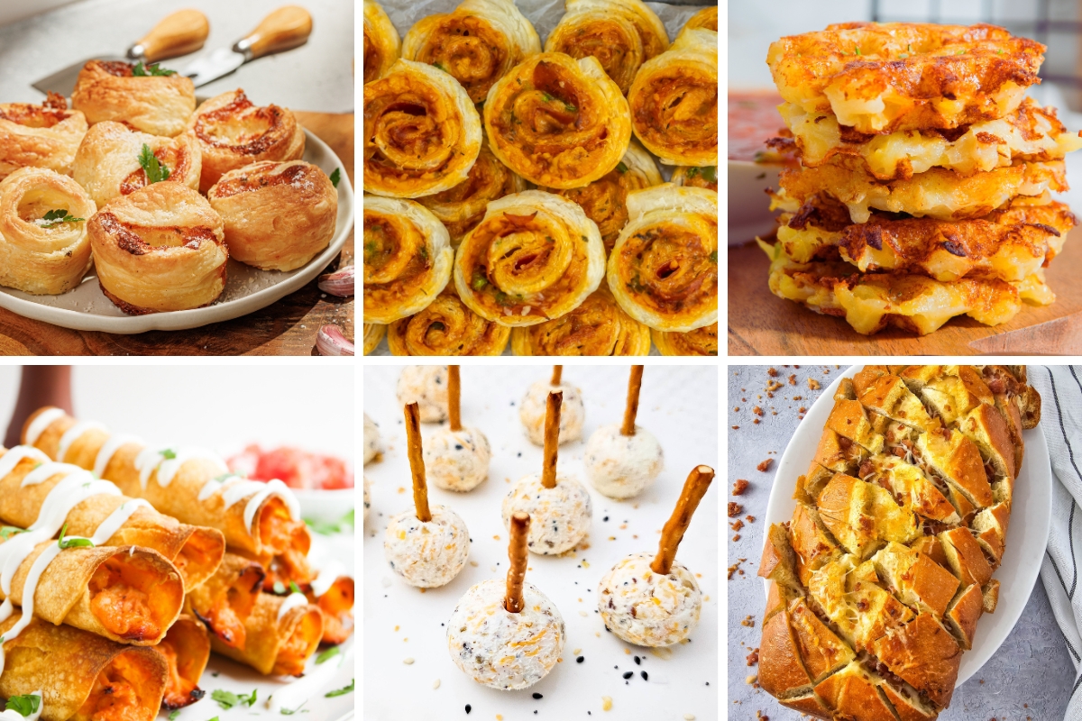 Assorted cheese appetizers including puffs, pinwheels, fritters, taquitos, cheese ball bites, and pull-apart bread.