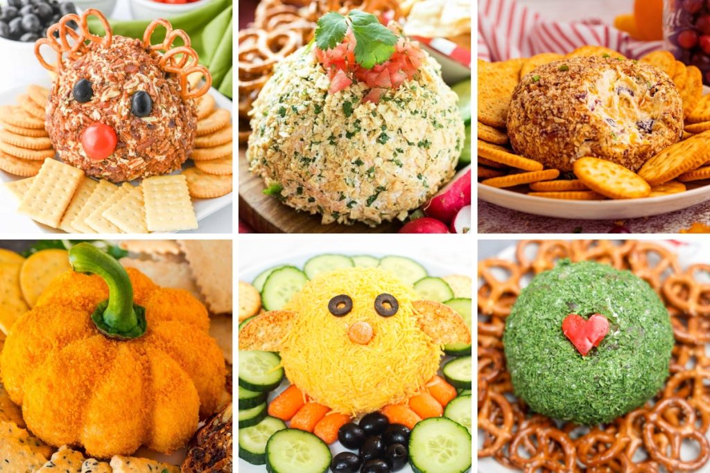 Festive cheese ball recipes with colorful coatings, served with crackers, pretzels, and fresh vegetables for parties.