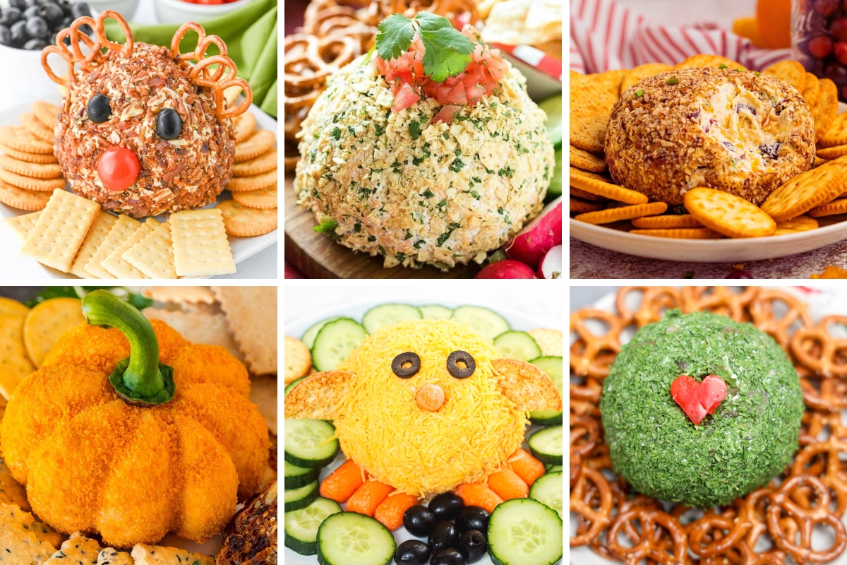 Festive cheese ball recipes with colorful coatings, served with crackers, pretzels, and fresh vegetables for parties.